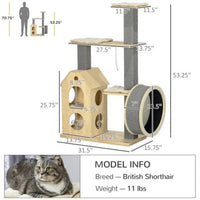 HKM-056275 Cozy Cat Tree with Double House, Running Wheel, and Plush Cushions for Cats Under 11 lbs