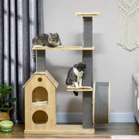 HKM-056275 Cozy Cat Tree with Double House, Running Wheel, and Plush Cushions for Cats Under 11 lbs