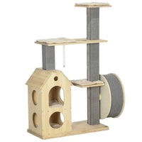HKM-056275 Cozy Cat Tree with Double House, Running Wheel, and Plush Cushions for Cats Under 11 lbs