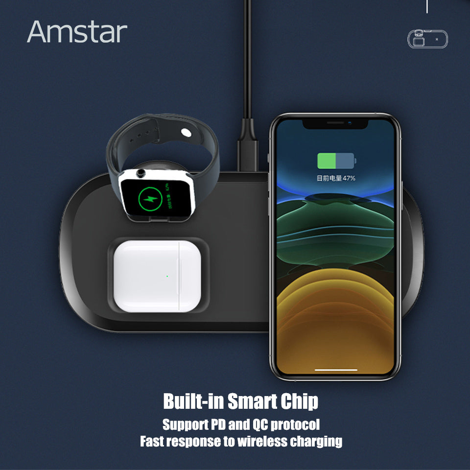 KTX-366483 Three-in-One Wireless Charger for Headphones and Watch - Fast Charge, Multi-Device Compatibility, Black or White Color Options