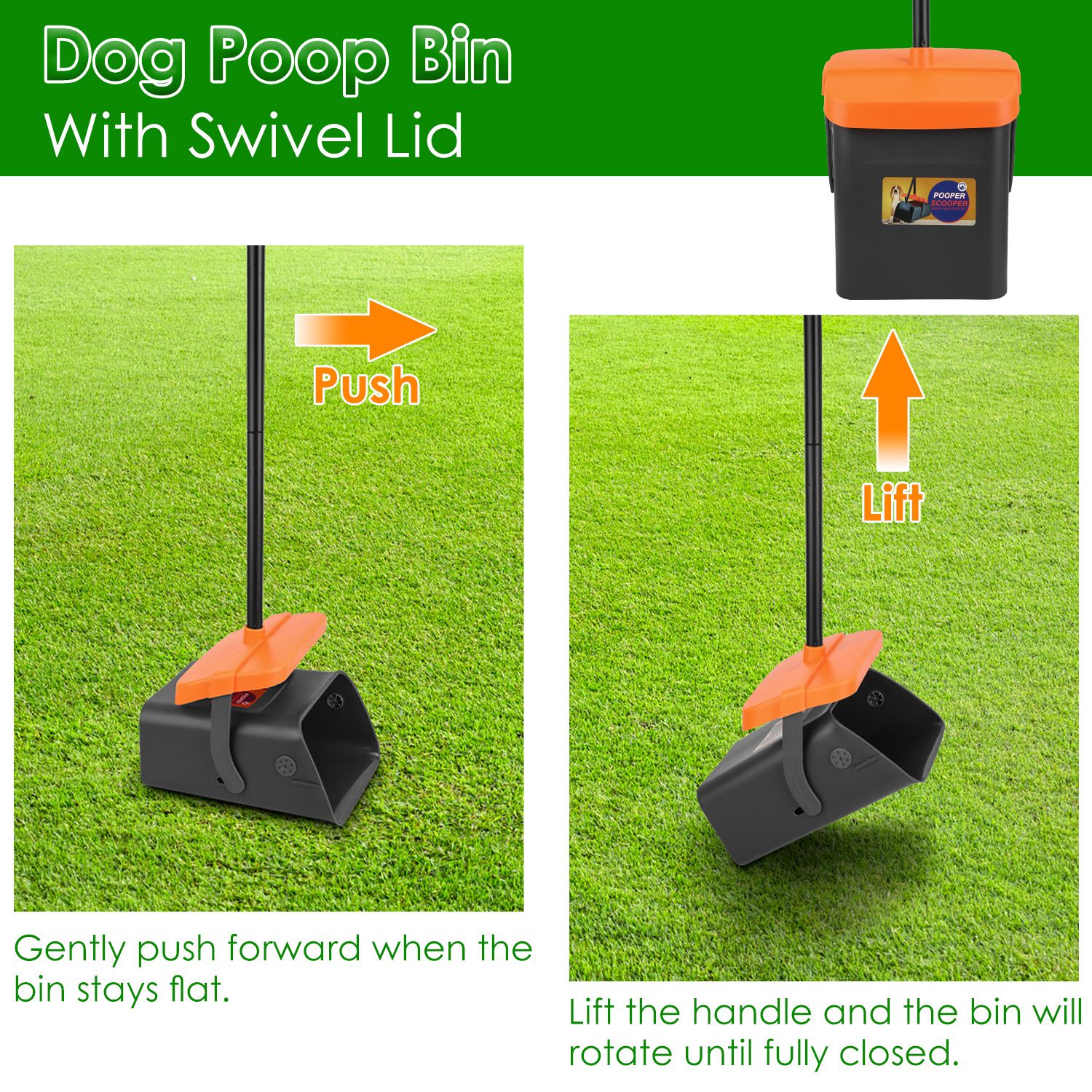 JMT-298826 Heavy Duty Dog Poop Rake & Swiveling Bin with Extra Long Handle and Waste Bag Dispenser