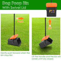 HKM-852435 Heavy Duty Dog Poop Rake & Swiveling Bin with Extra Long Handle and Waste Bag Dispenser