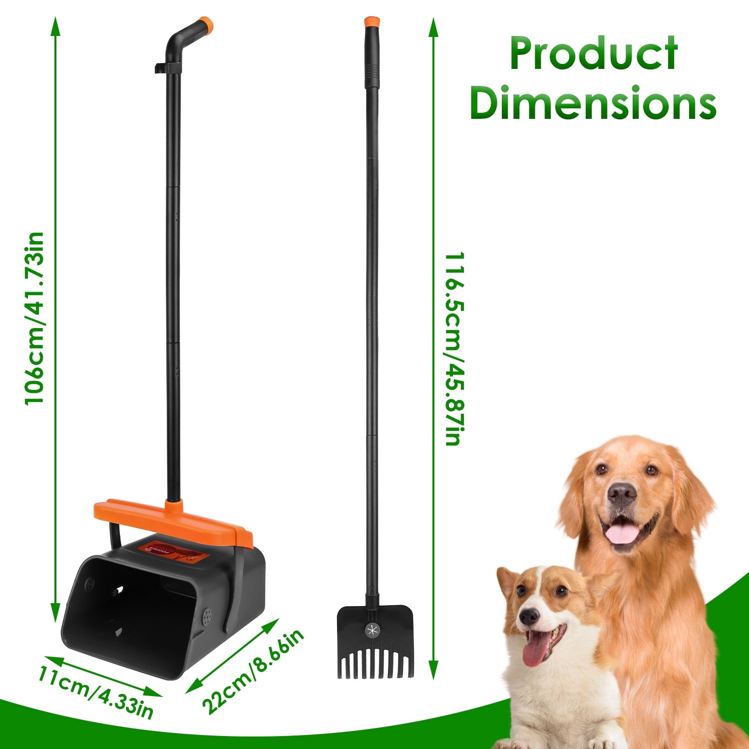 JMT-298826 Heavy Duty Dog Poop Rake & Swiveling Bin with Extra Long Handle and Waste Bag Dispenser