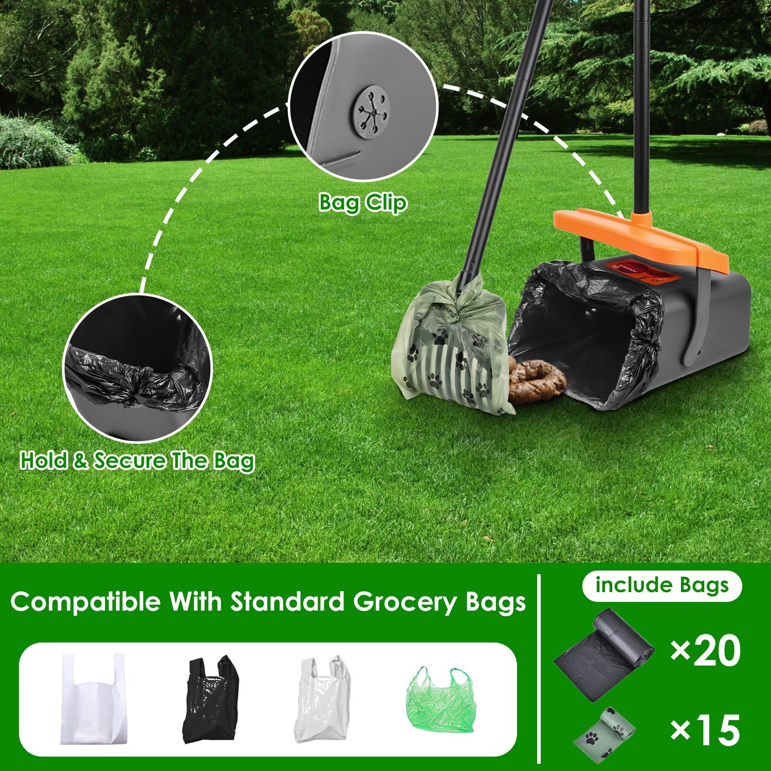 JMT-298826 Heavy Duty Dog Poop Rake & Swiveling Bin with Extra Long Handle and Waste Bag Dispenser