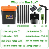 HKM-852435 Heavy Duty Dog Poop Rake & Swiveling Bin with Extra Long Handle and Waste Bag Dispenser