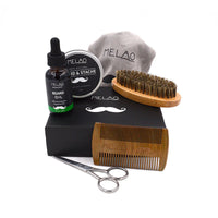 HKM-888403 Six-Piece Natural Beard Care Set with Oil, Cream, Brush, Comb, Shears, and Bag