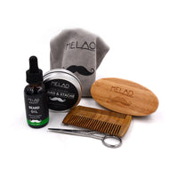 HKM-888403 Six-Piece Natural Beard Care Set with Oil, Cream, Brush, Comb, Shears, and Bag