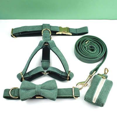 HKM-439315 Christmas Green Velvet Dog Collar with Gold Buckle and Leash Set
