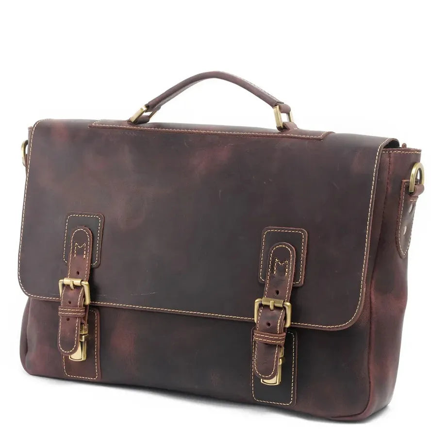 KTX-385171 Genuine Leather Business Shoulder Briefcase for Men - Retro Design, Canvas and Cowhide Construction, 40cm x 9cm x 25cm
