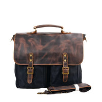 HKM-675987 Retro Large Capacity Canvas Crossbody Bag with Crazy Horse Skin for 15.6" Laptops