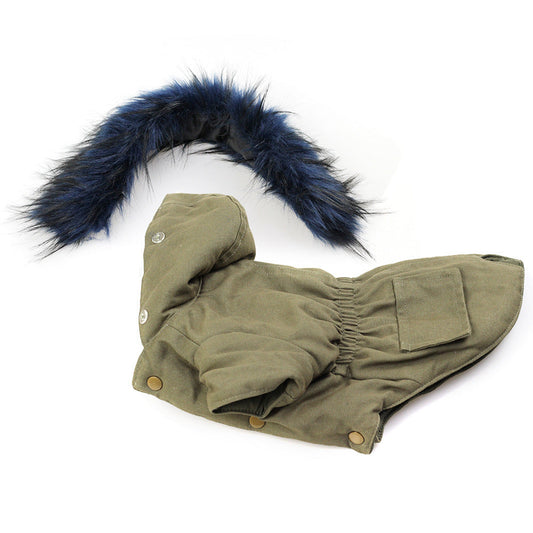 JMT-308298 Fur Collar Cotton Pet Outfit in Army Green and Navy Blue, Sizes S to XXL