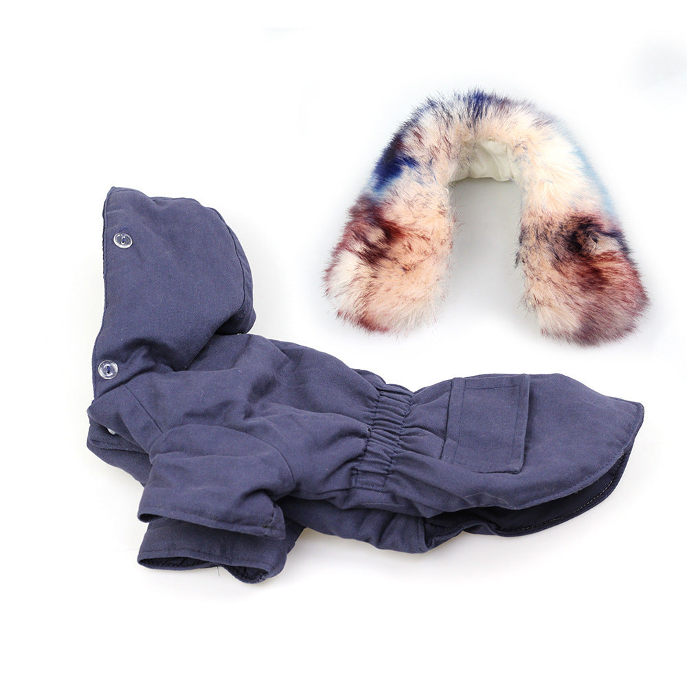 JMT-308298 Fur Collar Cotton Pet Outfit in Army Green and Navy Blue, Sizes S to XXL