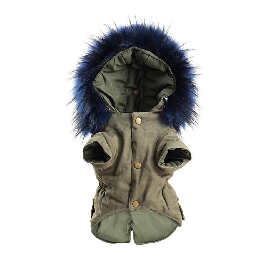 JMT-308298 Fur Collar Cotton Pet Outfit in Army Green and Navy Blue, Sizes S to XXL