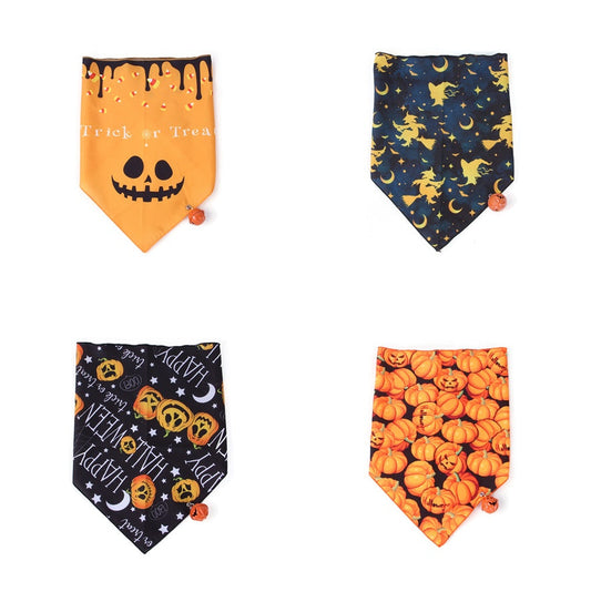HKM-241427 Pet Dog and Cat Halloween Triangle Bandana Towel - Polyester Print with Spooky Designs