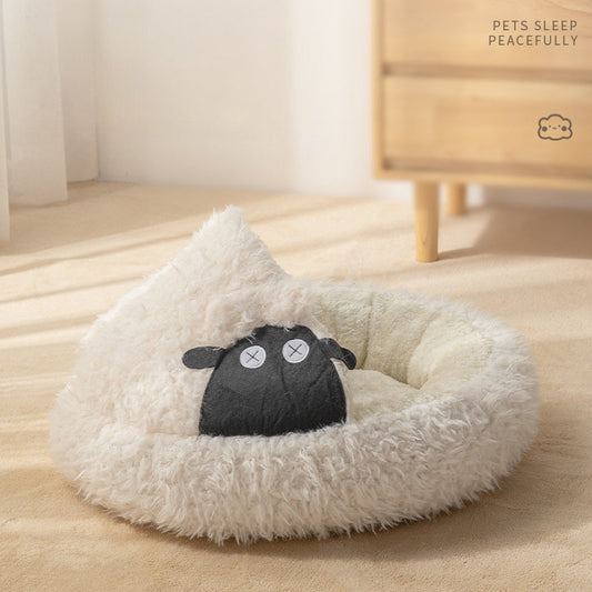 HKM-104851 Cozy Lamb Shape Cat Cave Bed for Winter - Enclosed Round Design in S and M Sizes