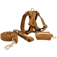 HKM-603667 Caramel Corduroy Pet Accessory Set with Collar, Rope, Bow, Vest, and Poop Bag