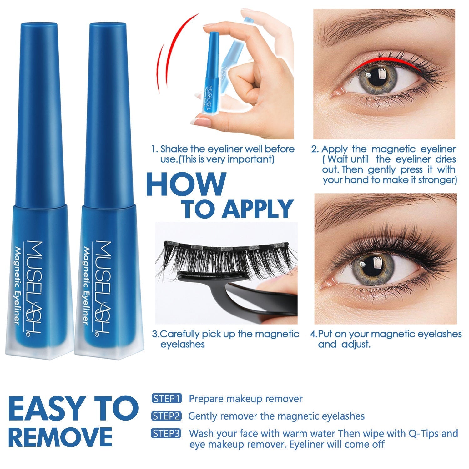 HKM-960659 Magnetic False Eyelash Set with Eyeliner and Applicator - 5 Pairs in Various Styles
