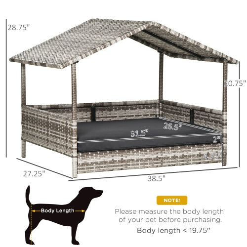 HKM-987603 Rattan Outdoor Dog House with Canopy for Small and Medium Dogs, Waterproof Cushion Included