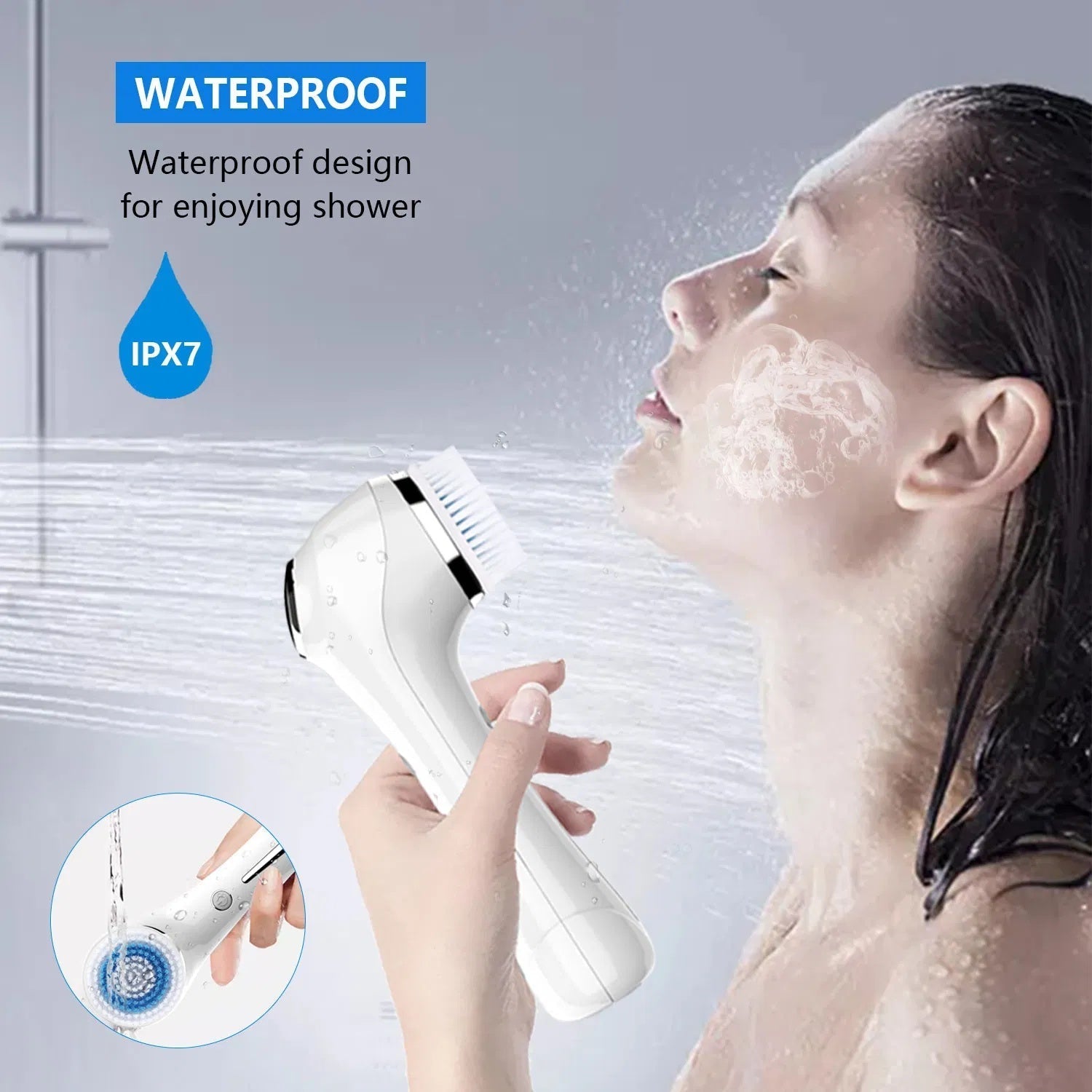 HKM-850515 IPX7 Waterproof Facial Cleansing Brush with 3-in-1 Exfoliating Features and 4 Replaceable Brush Heads