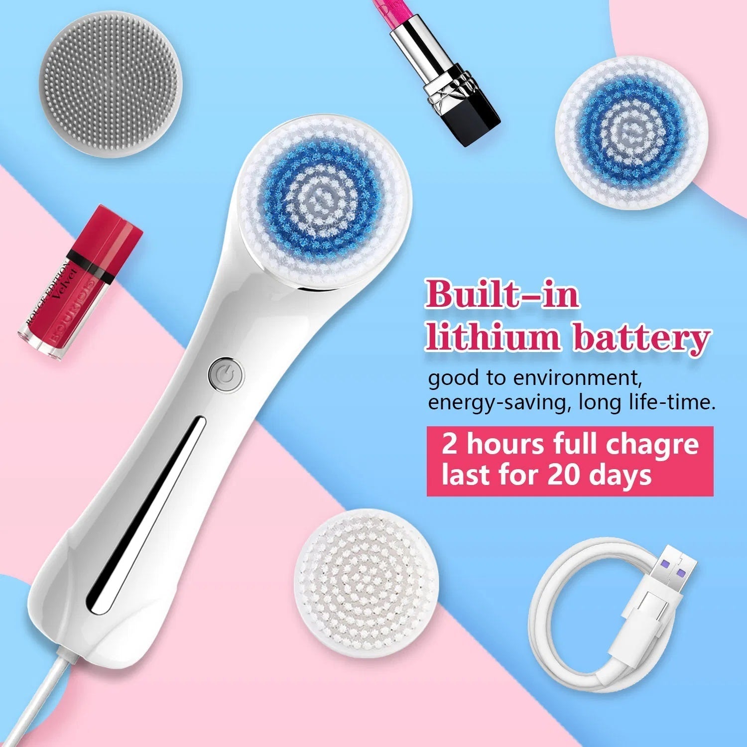 HKM-850515 IPX7 Waterproof Facial Cleansing Brush with 3-in-1 Exfoliating Features and 4 Replaceable Brush Heads