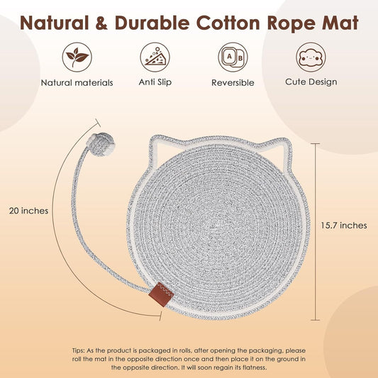 HKM-437971 Natural Cotton Rope Cat Scratcher Mat with Hanging Toy for Indoor Cats – Versatile Floor and Wall Protector