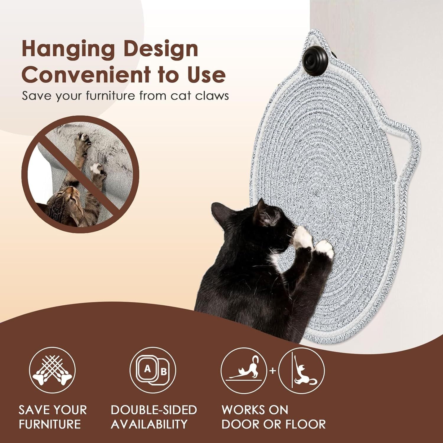 HKM-437971 Natural Cotton Rope Cat Scratcher Mat with Hanging Toy for Indoor Cats – Versatile Floor and Wall Protector
