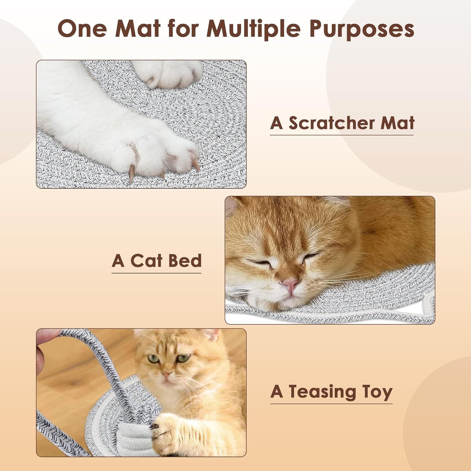 HKM-437971 Natural Cotton Rope Cat Scratcher Mat with Hanging Toy for Indoor Cats – Versatile Floor and Wall Protector