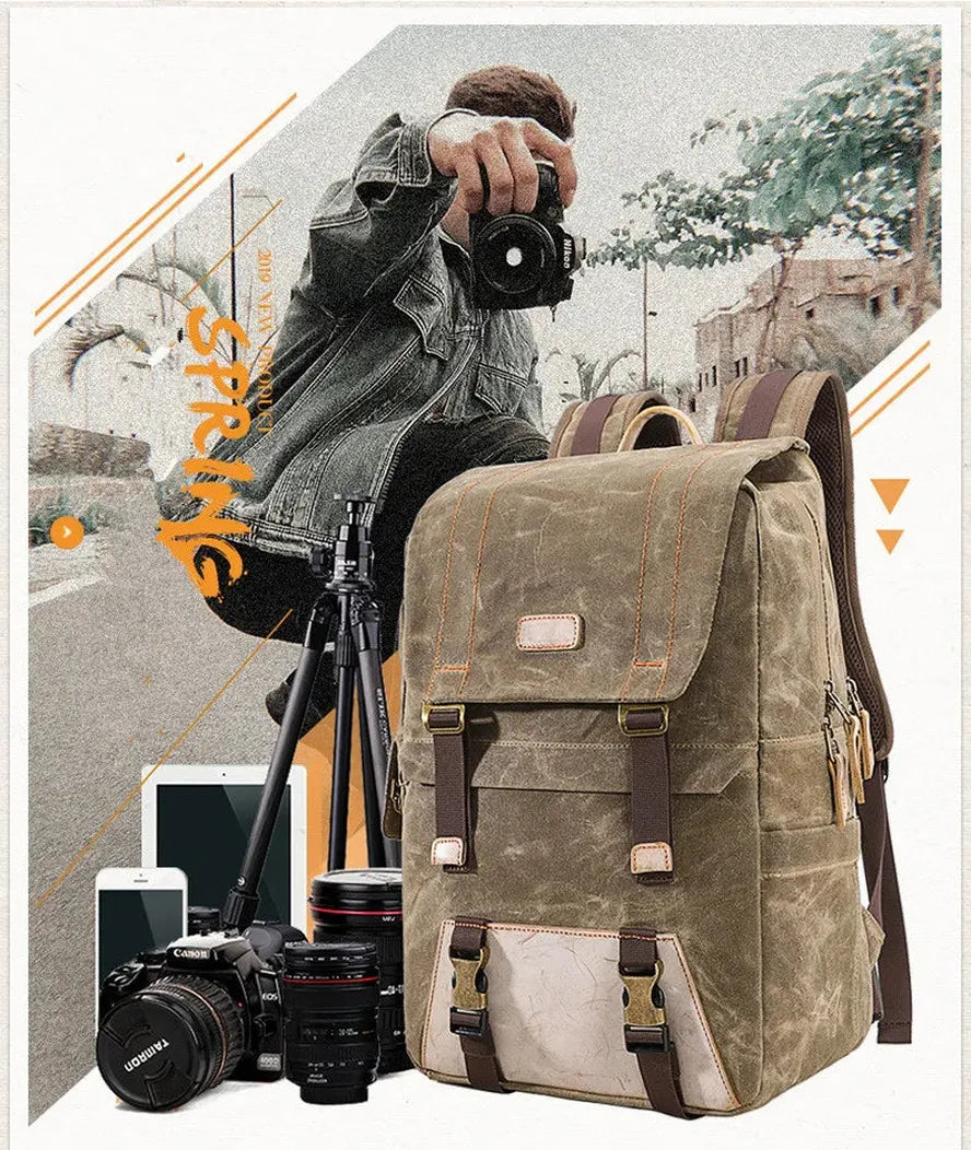 KTX-269715 Vintage Waterproof Waxed Canvas Camera Backpack in Green, Khaki, Dark Grey