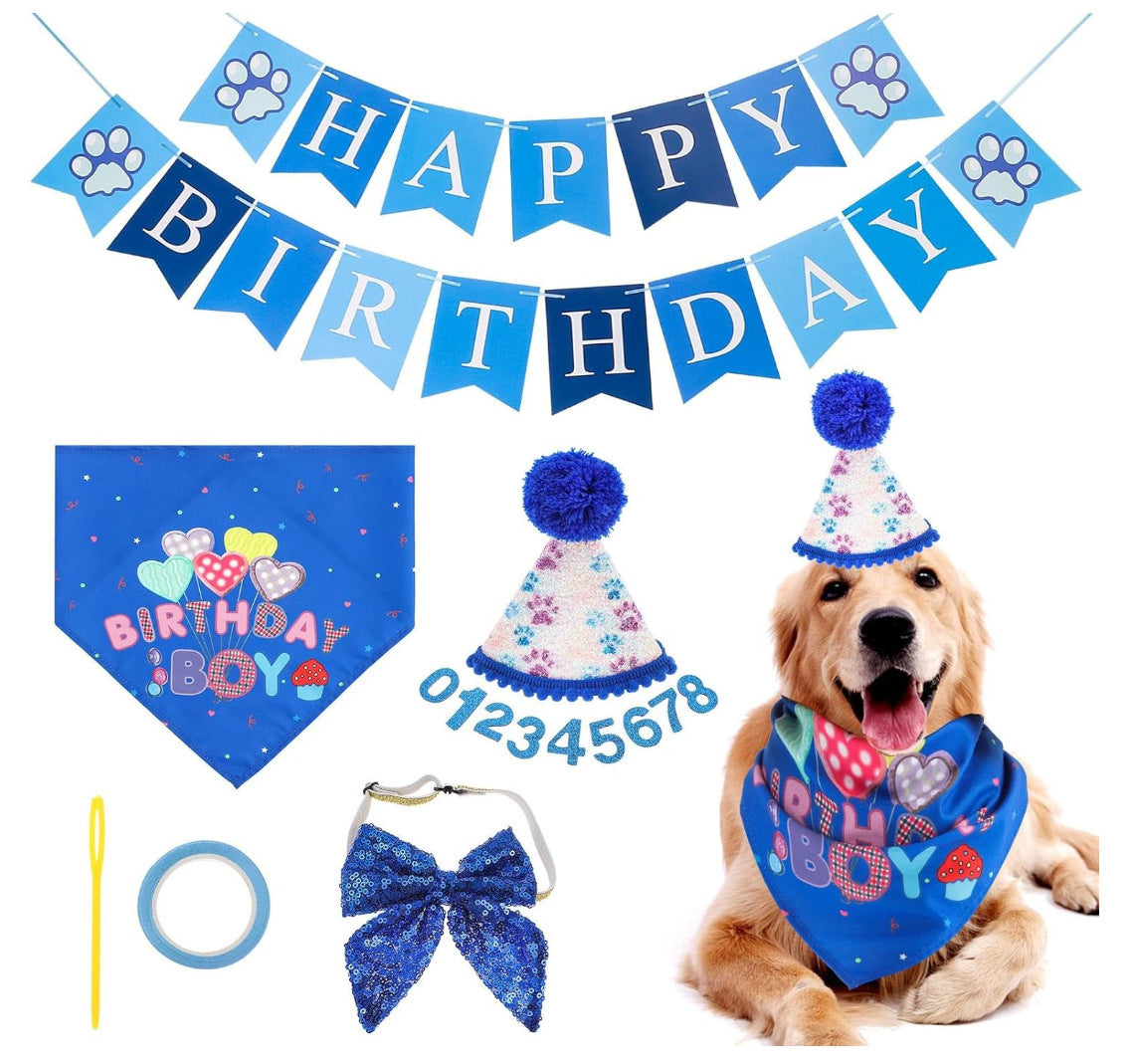 HKM-759571 Dog Birthday Celebration Supplies - Adjustable Party Hat with Numbers and Dog Bandana Set