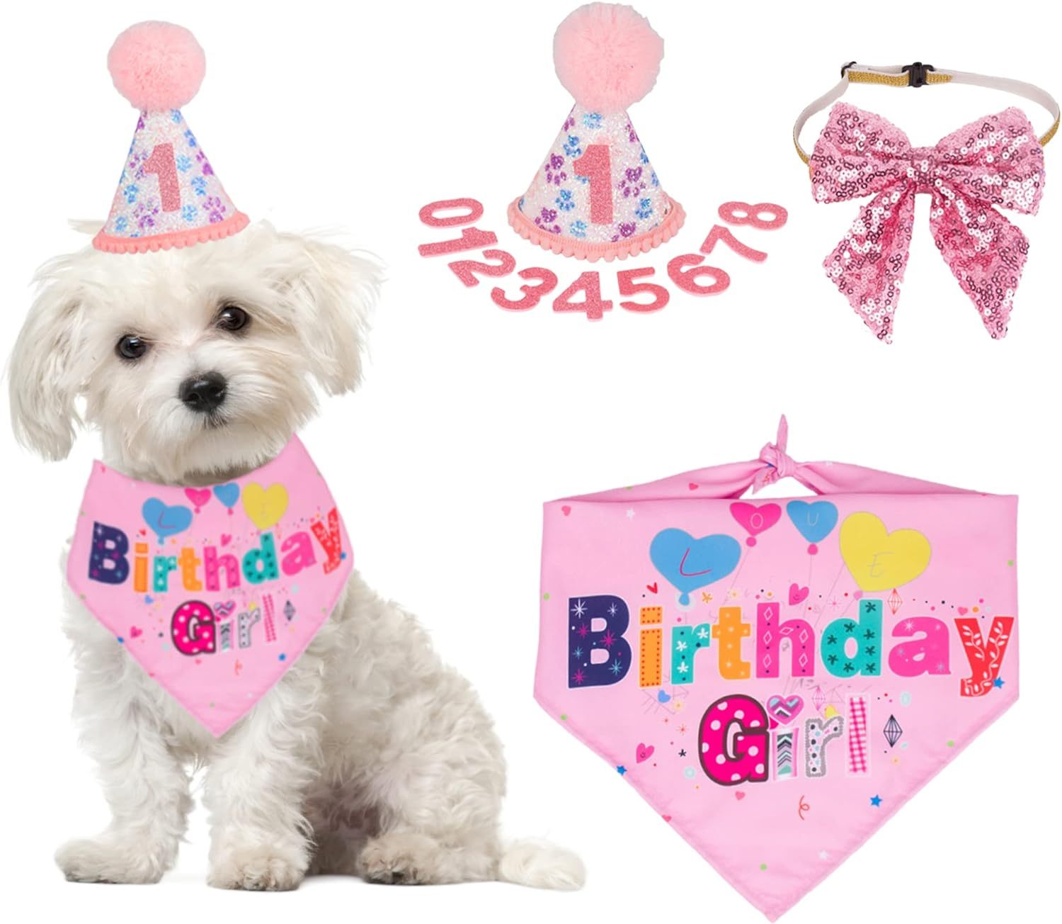 HKM-759571 Dog Birthday Celebration Supplies - Adjustable Party Hat with Numbers and Dog Bandana Set
