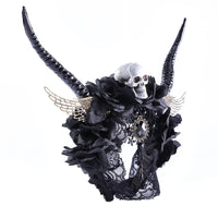 HKM-919187 Dark Fantasy Headband with Horns, Skeletons, Wings, and Black Flowers for Halloween and Costume Parties
