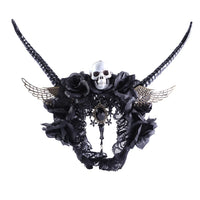 HKM-919187 Dark Fantasy Headband with Horns, Skeletons, Wings, and Black Flowers for Halloween and Costume Parties
