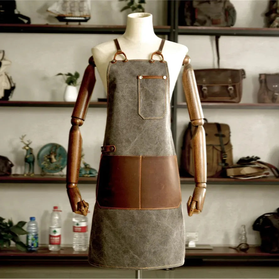 KTX-487891 Vintage Handmade Canvas Apron for Kitchen and Cafe Work, Unisex Leather Trim