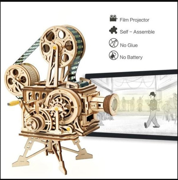 KTX-686611 Hand-Cranked Wooden Film Projector - Mechanical 3D Puzzle for Ages 15 and Up