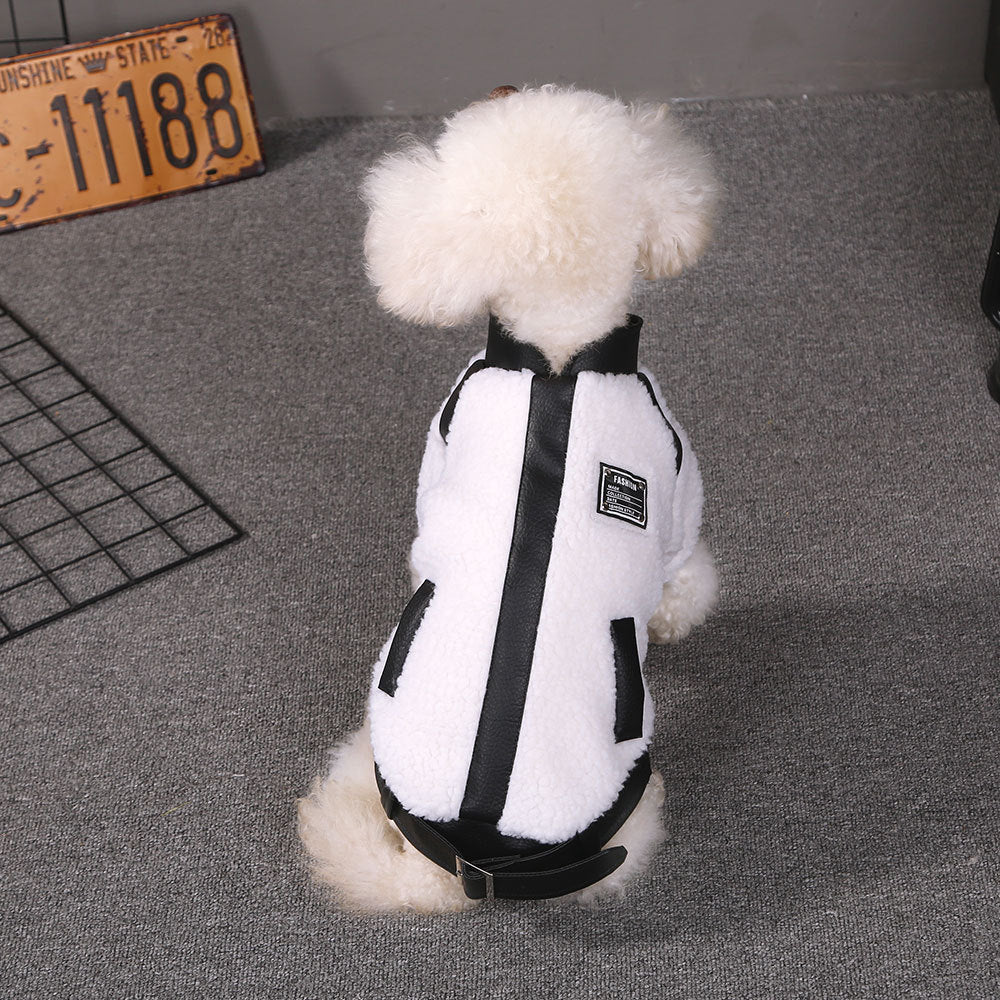 HKM-155475 Warm Autumn and Winter Puppy Clothes - Motorcycle Style Stitching Lamb Wool Jacket, XS to M Sizes Available