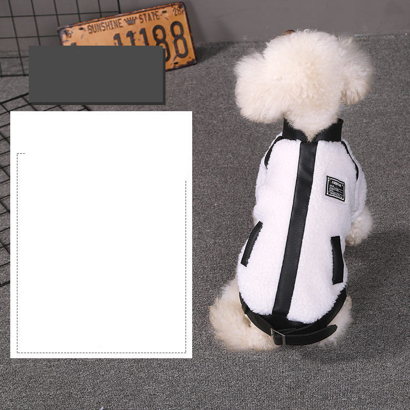 HKM-155475 Warm Autumn and Winter Puppy Clothes - Motorcycle Style Stitching Lamb Wool Jacket, XS to M Sizes Available