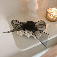 HKM-504403 Big Pearl Bow Hair Grabbing Clip - Stylish Japanese and Korean Plaid Design