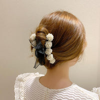 HKM-504403 Big Pearl Bow Hair Grabbing Clip - Stylish Japanese and Korean Plaid Design