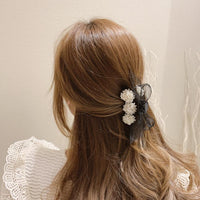 HKM-504403 Big Pearl Bow Hair Grabbing Clip - Stylish Japanese and Korean Plaid Design