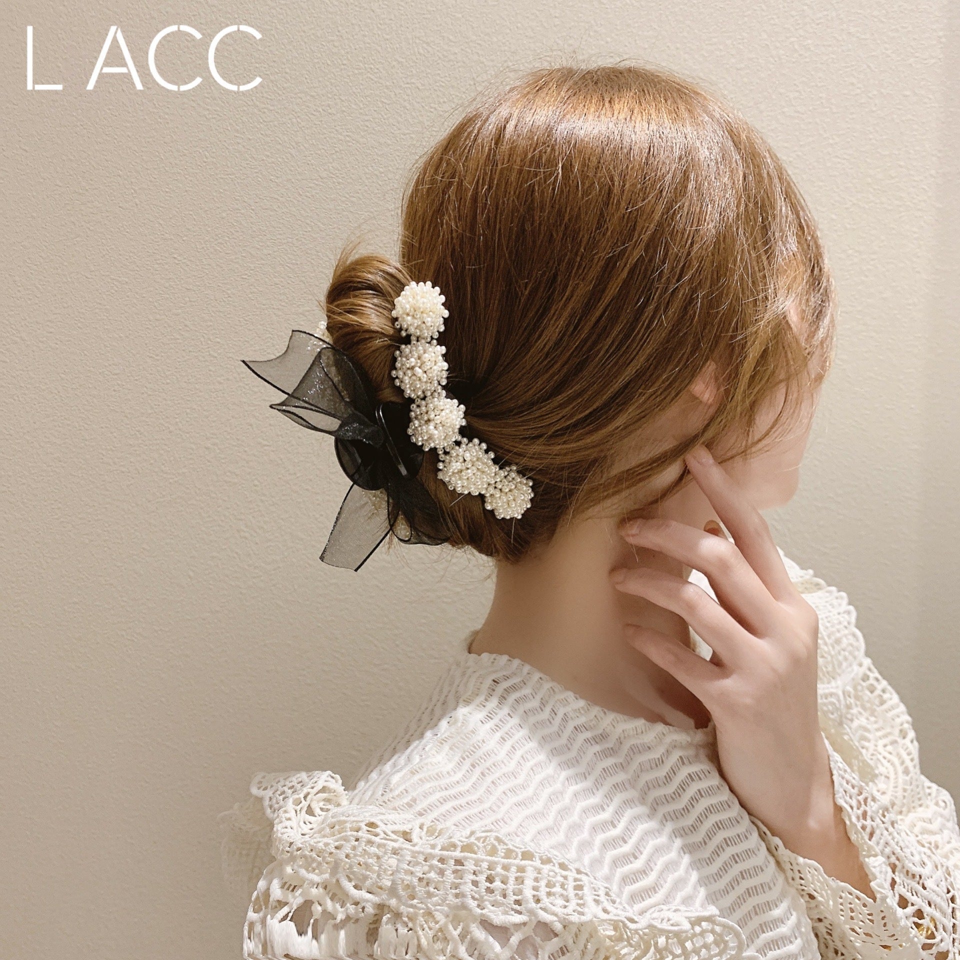 HKM-504403 Big Pearl Bow Hair Grabbing Clip - Stylish Japanese and Korean Plaid Design