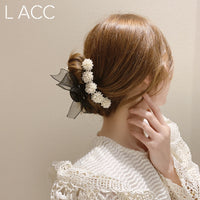 HKM-504403 Big Pearl Bow Hair Grabbing Clip - Stylish Japanese and Korean Plaid Design