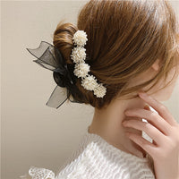 HKM-504403 Big Pearl Bow Hair Grabbing Clip - Stylish Japanese and Korean Plaid Design