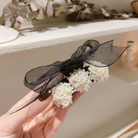 HKM-504403 Big Pearl Bow Hair Grabbing Clip - Stylish Japanese and Korean Plaid Design