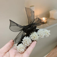 HKM-504403 Big Pearl Bow Hair Grabbing Clip - Stylish Japanese and Korean Plaid Design