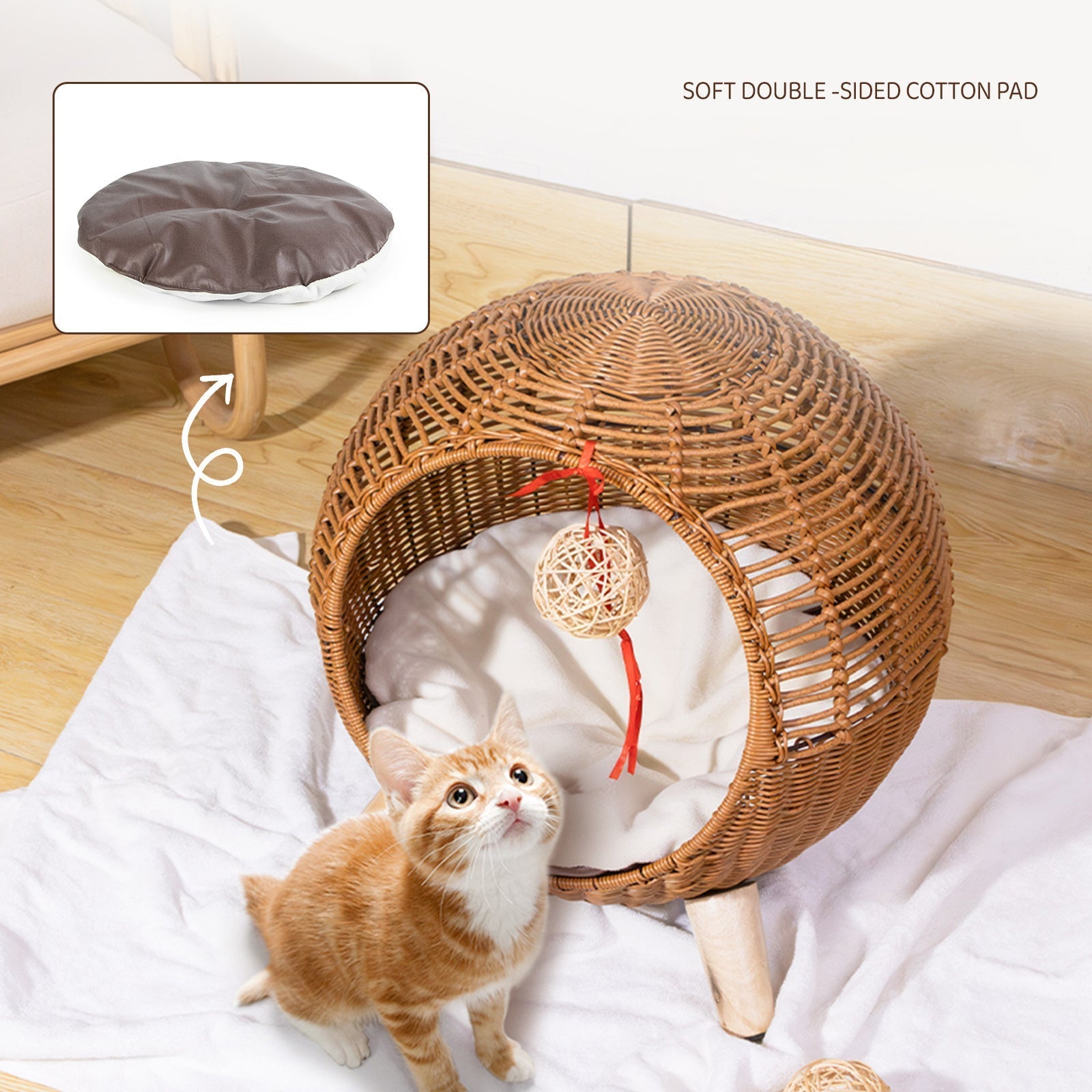 HKM-186195 Rattan Woven Round Cat Bed with Climbing Frame and Warm Litter Villa for Pets up to 7.5 kg