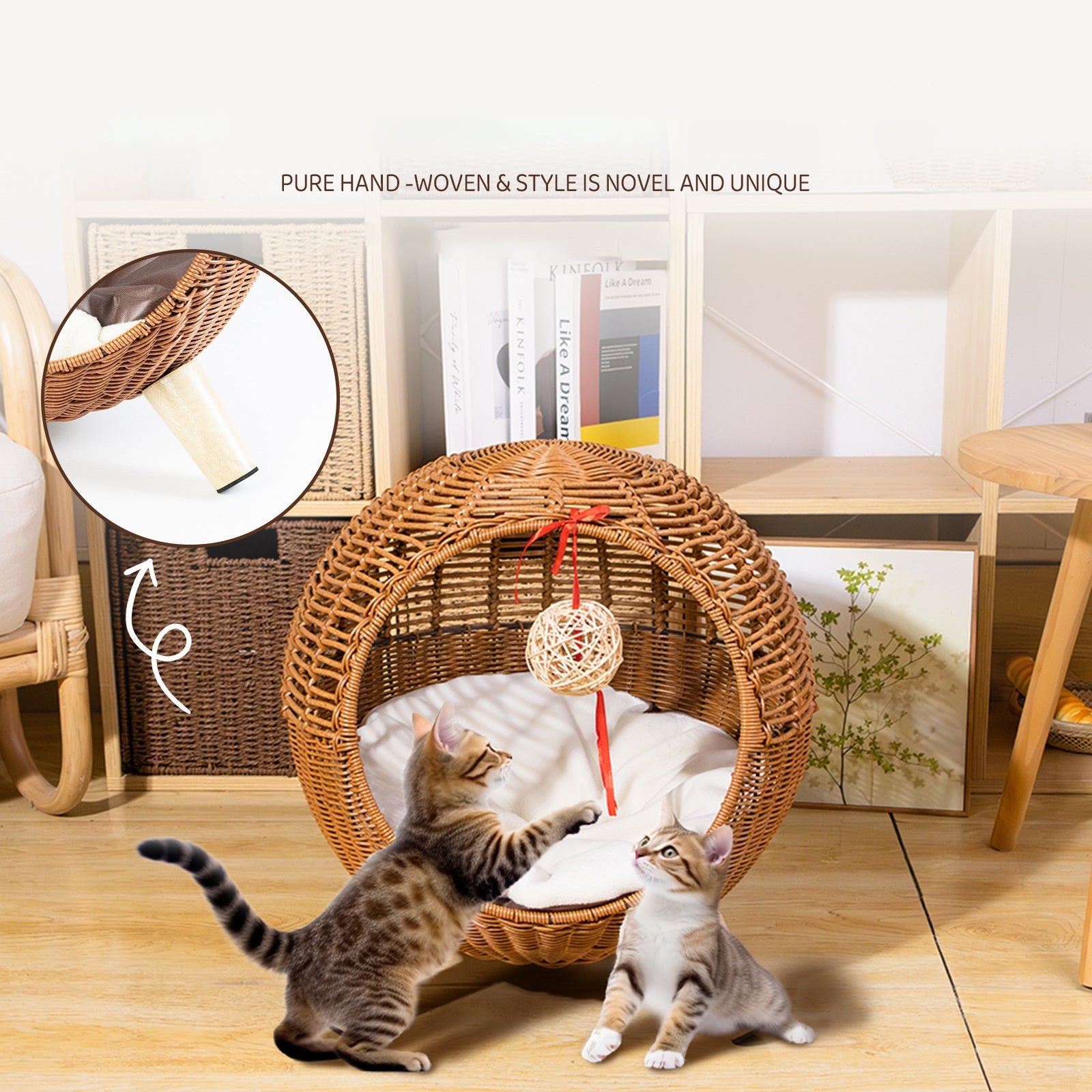 HKM-186195 Rattan Woven Round Cat Bed with Climbing Frame and Warm Litter Villa for Pets up to 7.5 kg