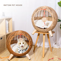 HKM-186195 Rattan Woven Round Cat Bed with Climbing Frame and Warm Litter Villa for Pets up to 7.5 kg