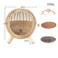 HKM-186195 Rattan Woven Round Cat Bed with Climbing Frame and Warm Litter Villa for Pets up to 7.5 kg