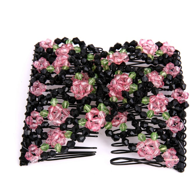HKM-650131 Bright Beaded Variety Hair Clips and Magic Hair Comb Set with Acrylic and Metal Materials