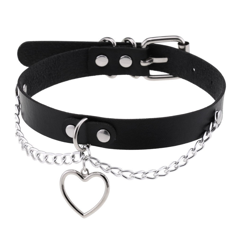 HKM-193811 Heart-Shaped Leather Chain Collar Necklace in Black, Pink, and Red